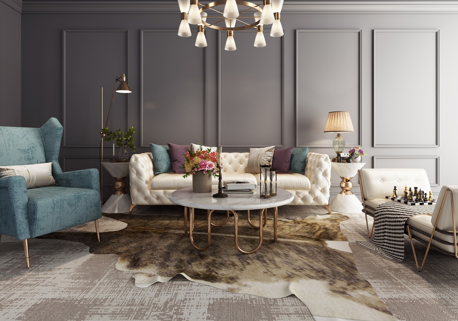 后现代沙发茶几吊灯组合模型3D模型下载【ID:120538065】