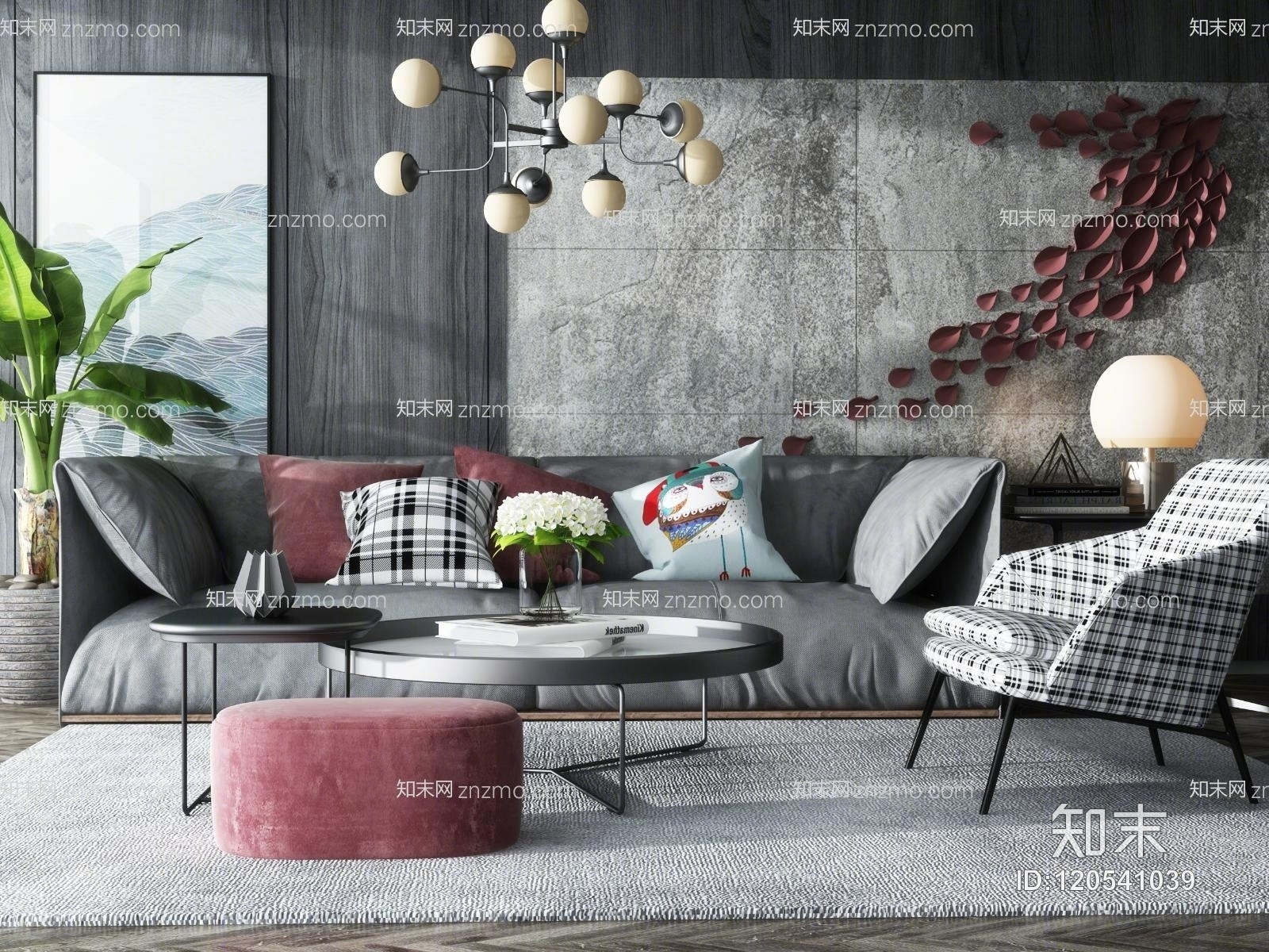 北欧沙发茶几墙饰吊灯盆栽组合3D模型下载【ID:120541039】