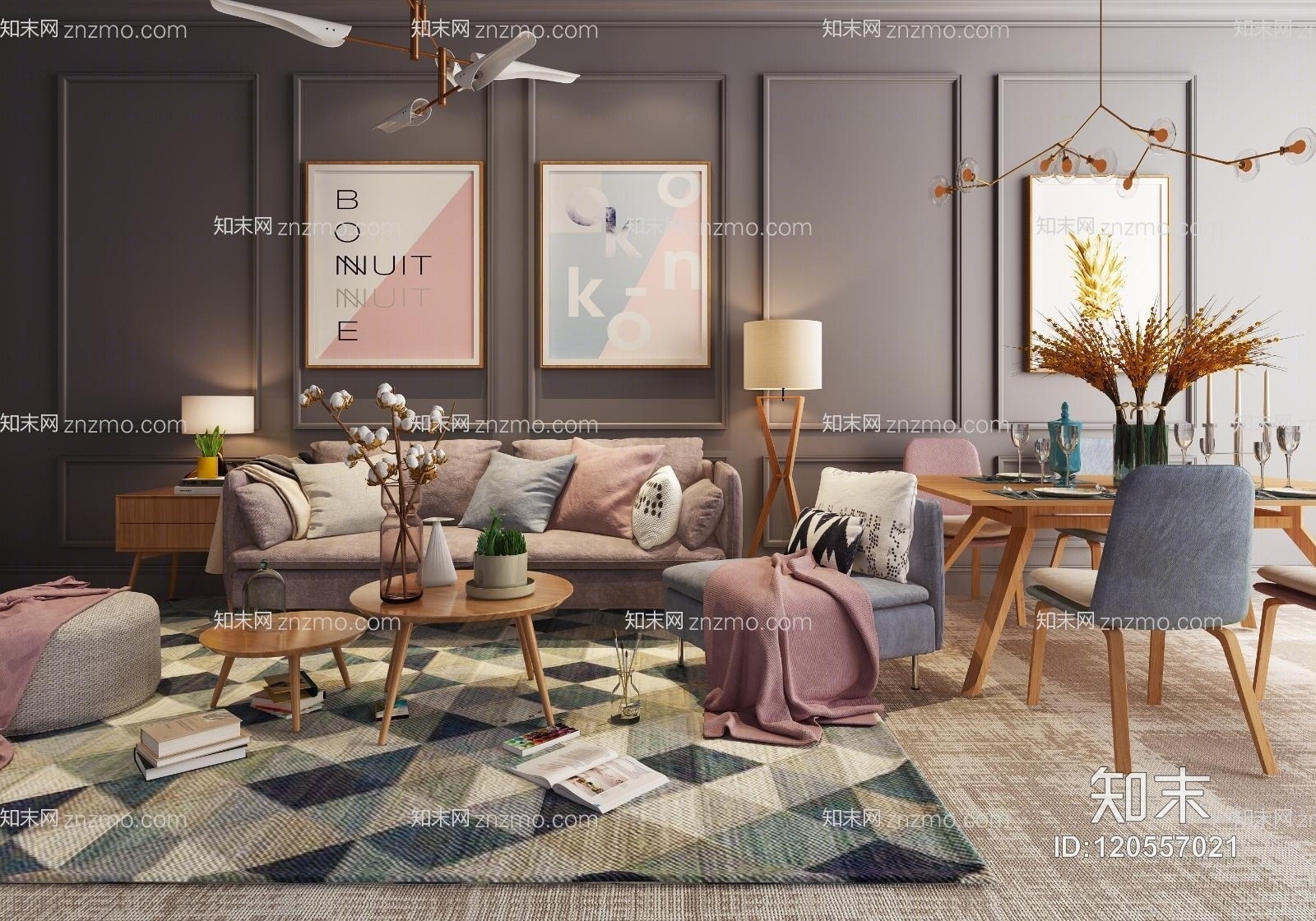 北欧沙发茶几餐桌吊灯组合模型3D模型下载【ID:120557021】