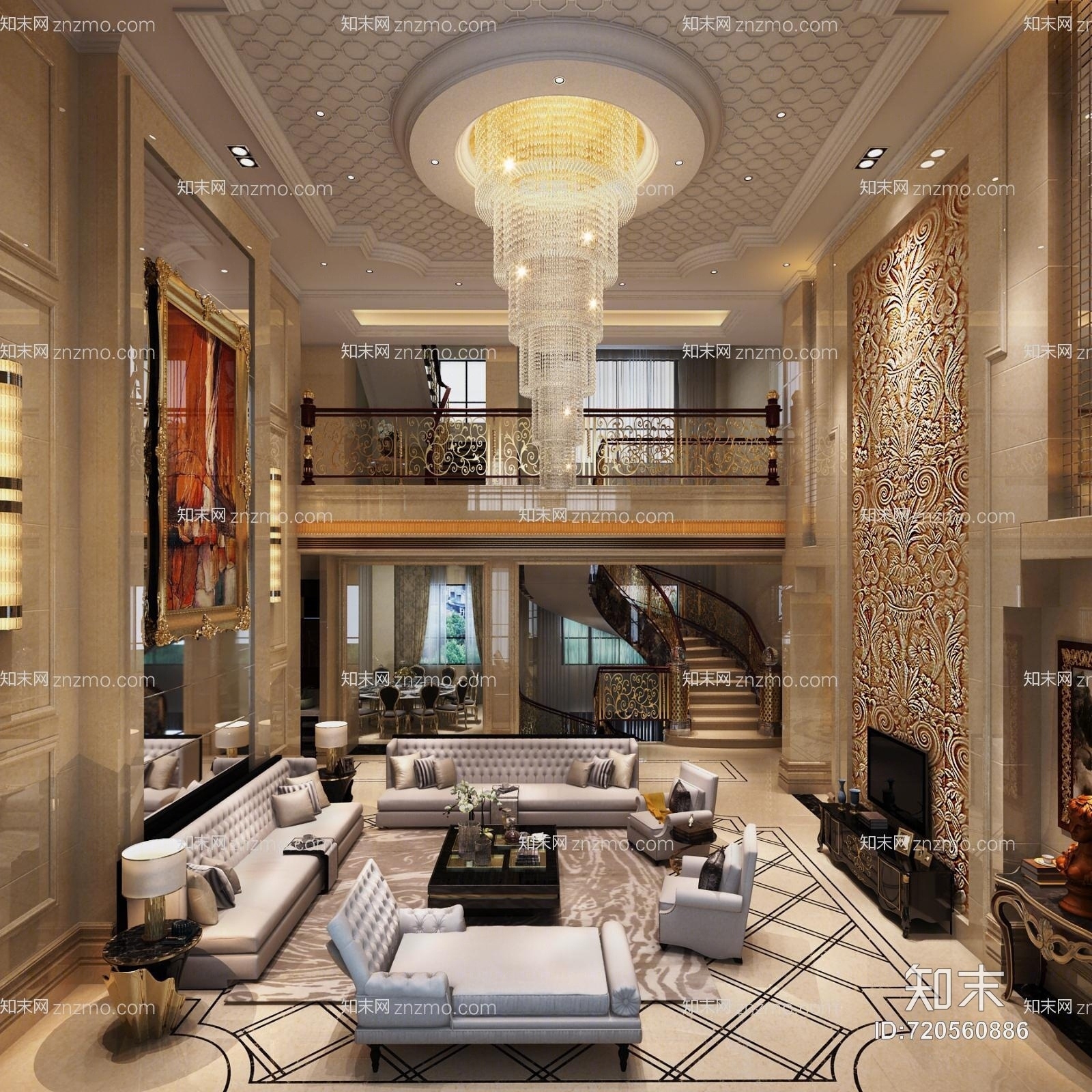 欧式古典奢华大厅客厅门厅3D模型下载【ID:720560886】