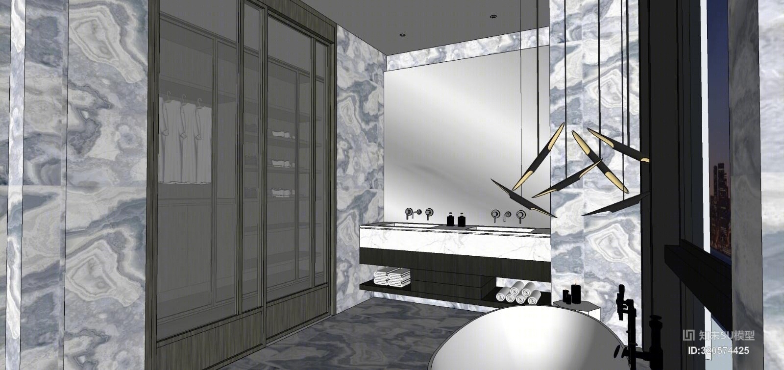 现代轻奢风格-卫生间-浴缸-入墙式龙头-毛巾-蜡烛-灯具-镜子等洁具SU模型下载【ID:320574425】