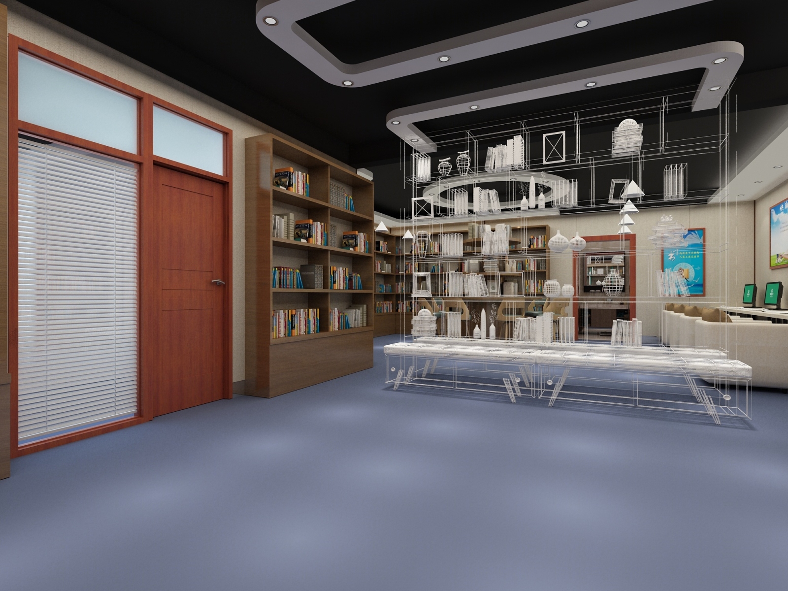 村小型图书室圆形书吧电子阅览区百叶窗3D模型下载【ID:820574248】
