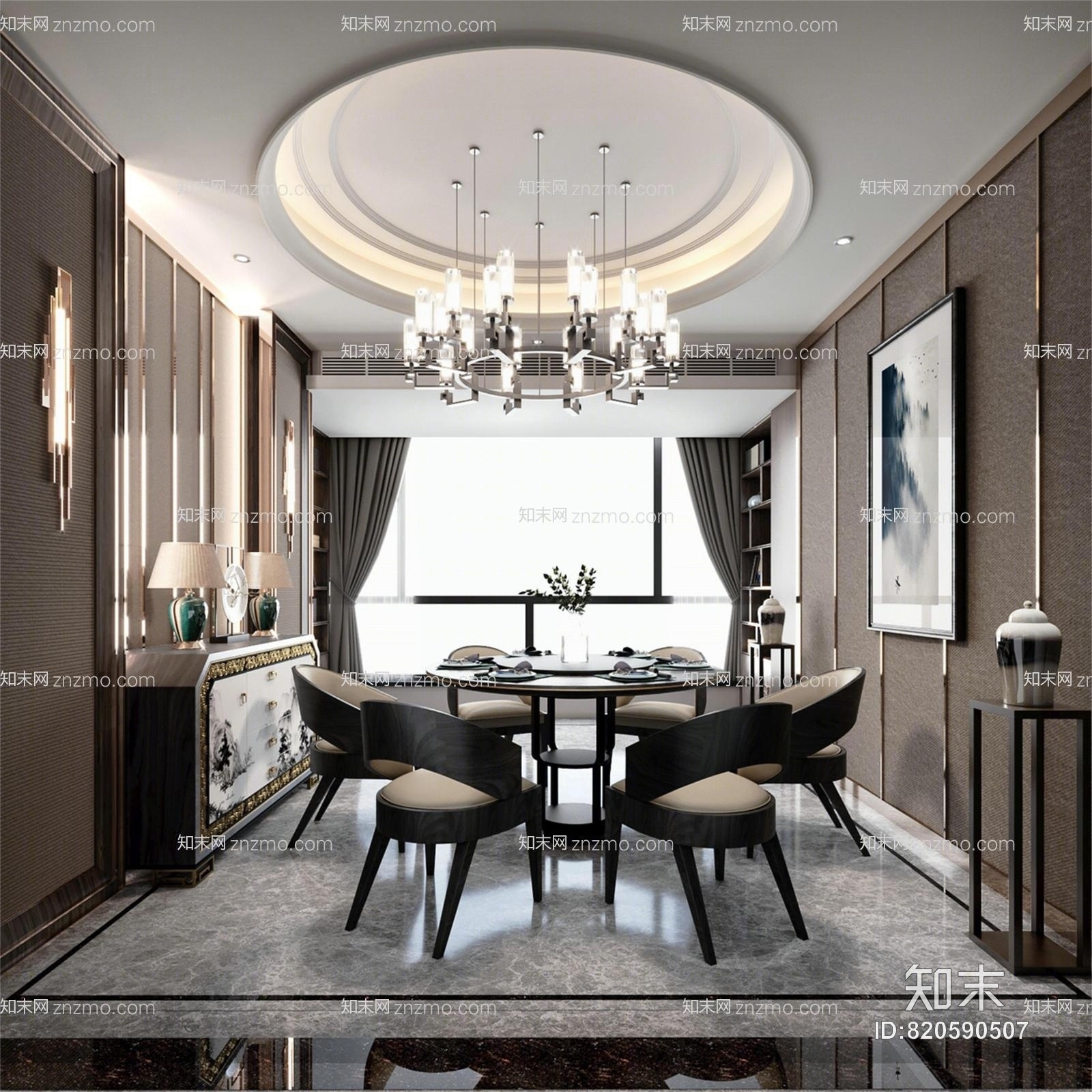 新中式餐桌餐边柜摆件模型3D模型下载【ID:820590507】