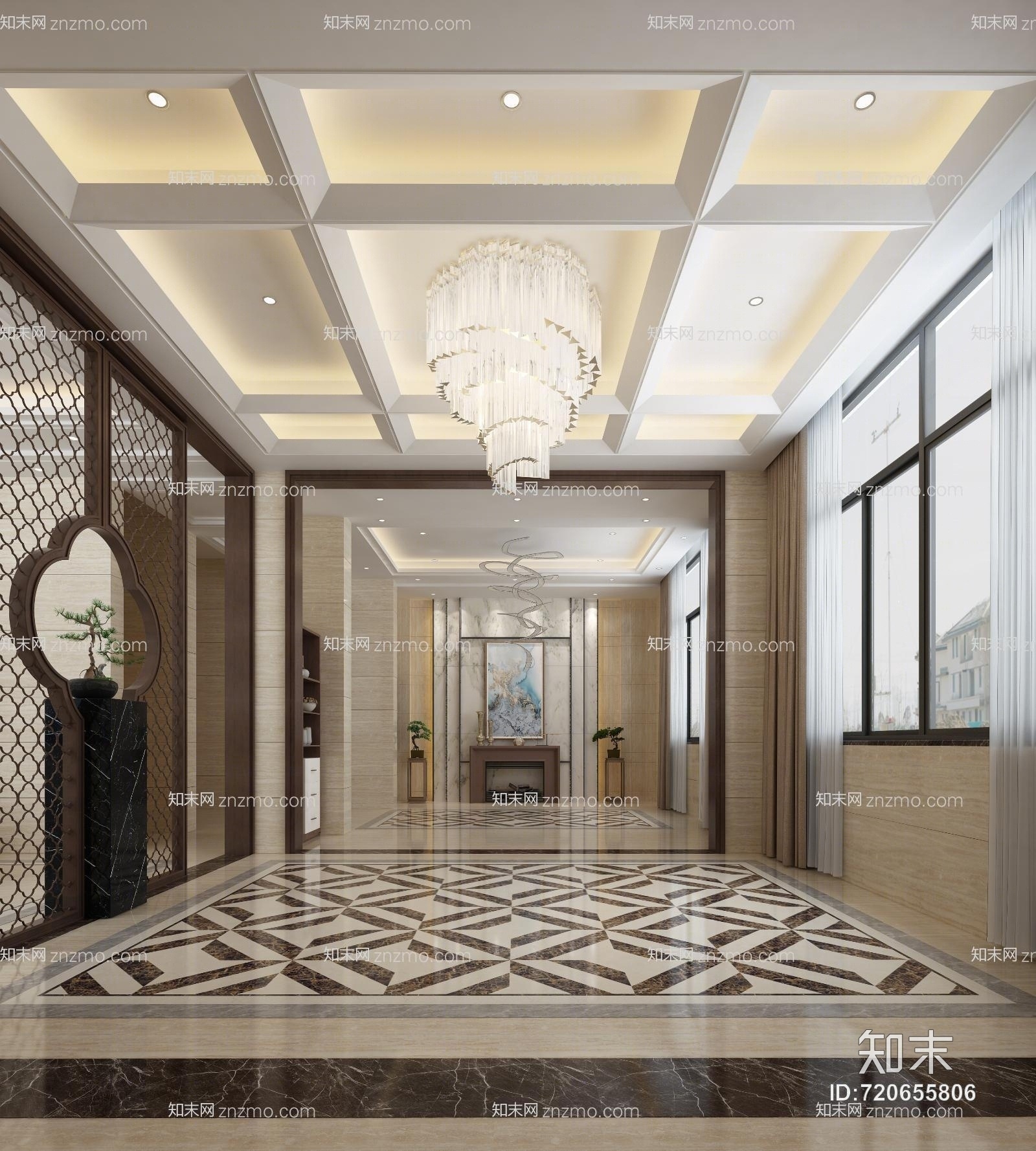新中式别墅大厅3D模型下载【ID:720655806】