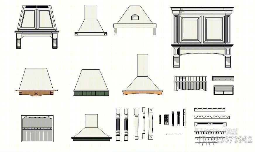 厨房橱柜欧式构件配件烟机罩罗马柱开架楣板酒架板廊桥SU模型下载【ID:220670962】