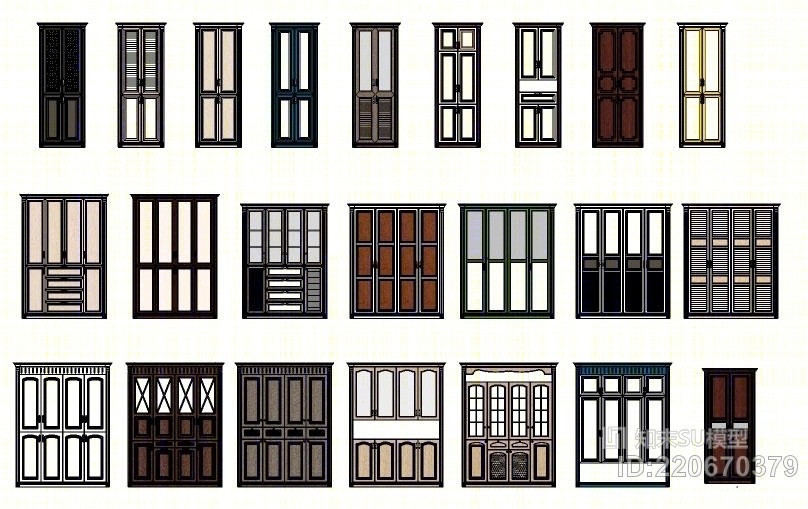 欧式衣柜衣帽间橱柜门型款式模型SU模型下载【ID:220670379】