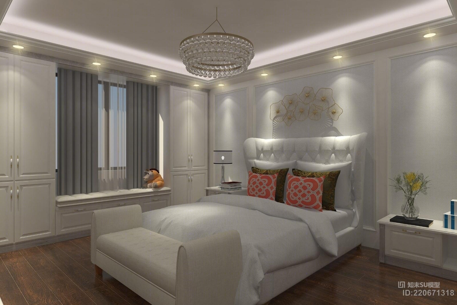 简约欧式主卧室模型（带灯带材质衣柜书柜电视柜飘窗柜背景墙）SU模型下载【ID:220671318】