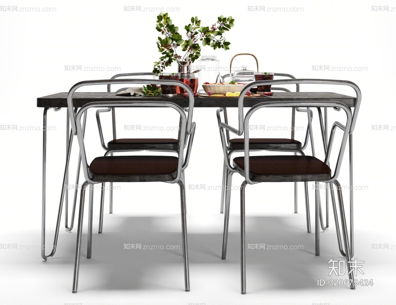 工业风餐桌椅子食物摆件组合3D模型下载【ID:320679424】