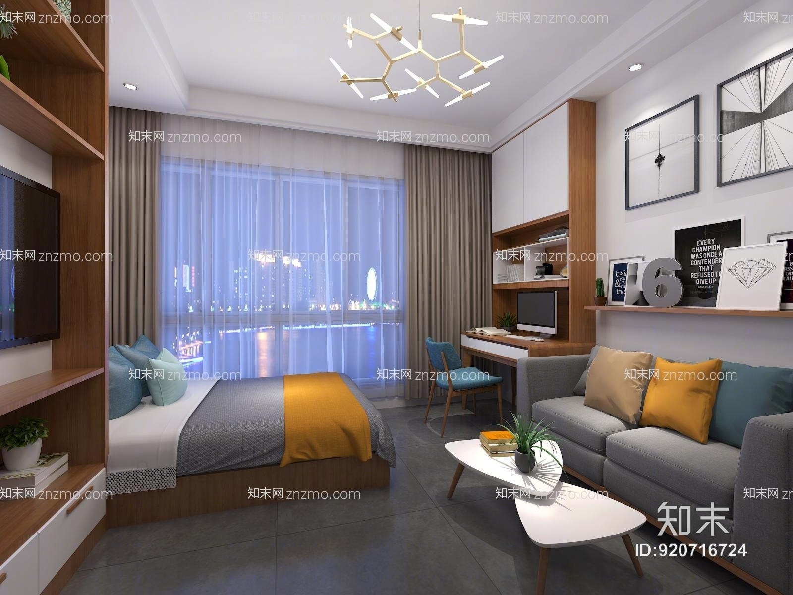 现代风格单身公寓客厅卧室3D模型下载【ID:920716724】