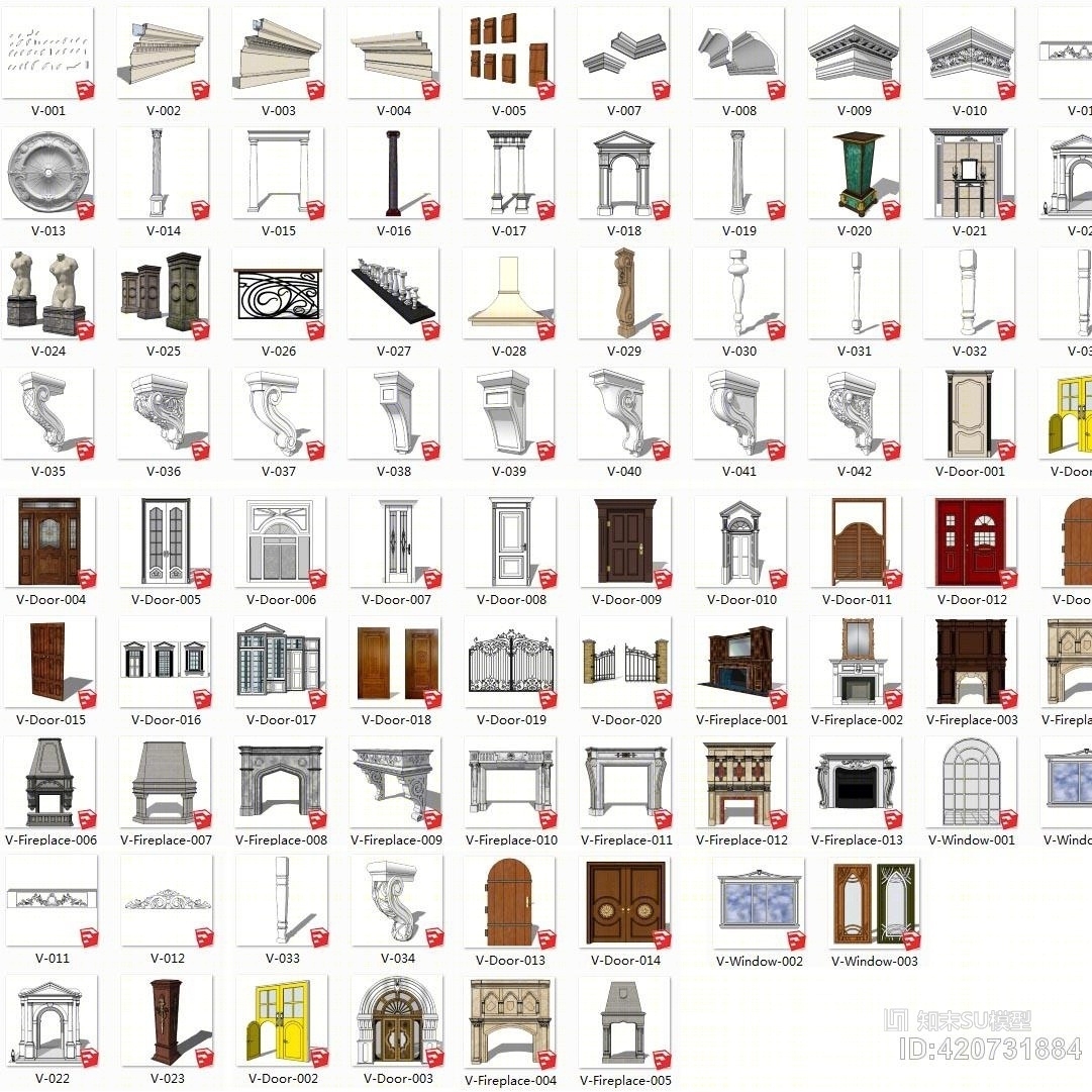 欧式罗马柱石膏线门窗柱头壁炉护栏柱石膏底盘雕塑SU模型下载【ID:420731884】