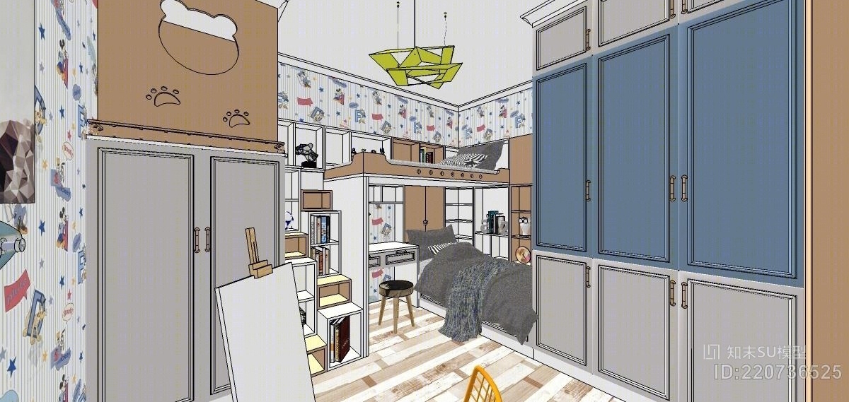 欧式儿童房上下铺带装饰品带衣帽间SU模型下载【ID:220736525】