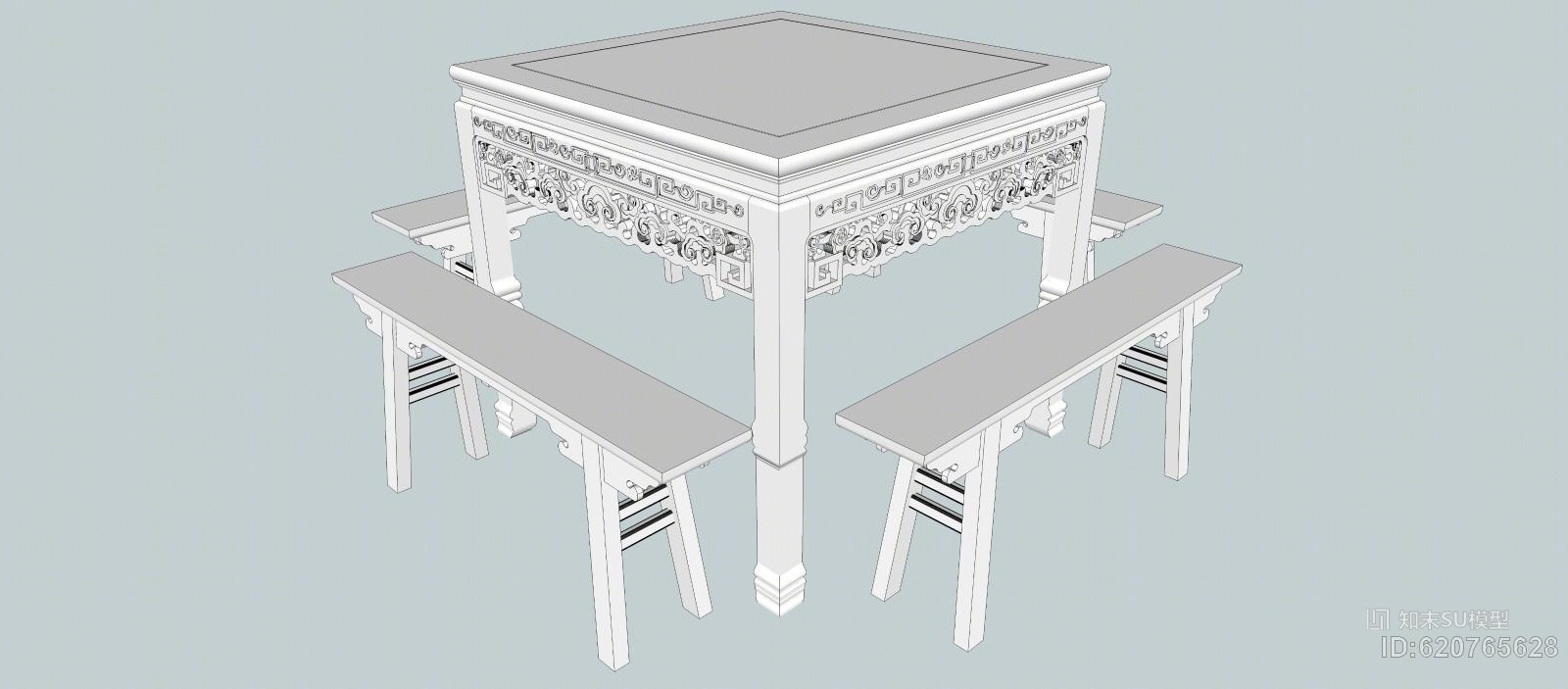 中式-方桌-八仙桌-长板凳SU模型下载【ID:620765628】