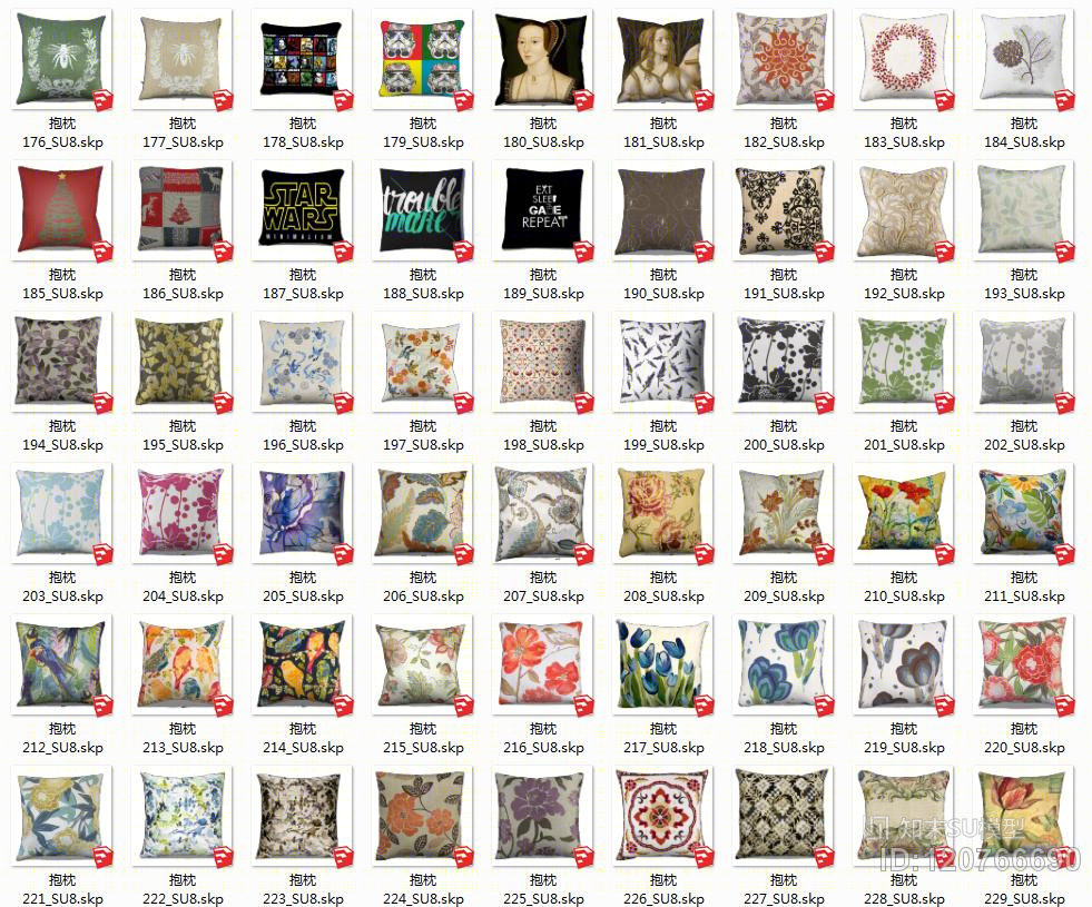 现代欧式床上沙发抱枕枕头SU模型下载【ID:120766690】