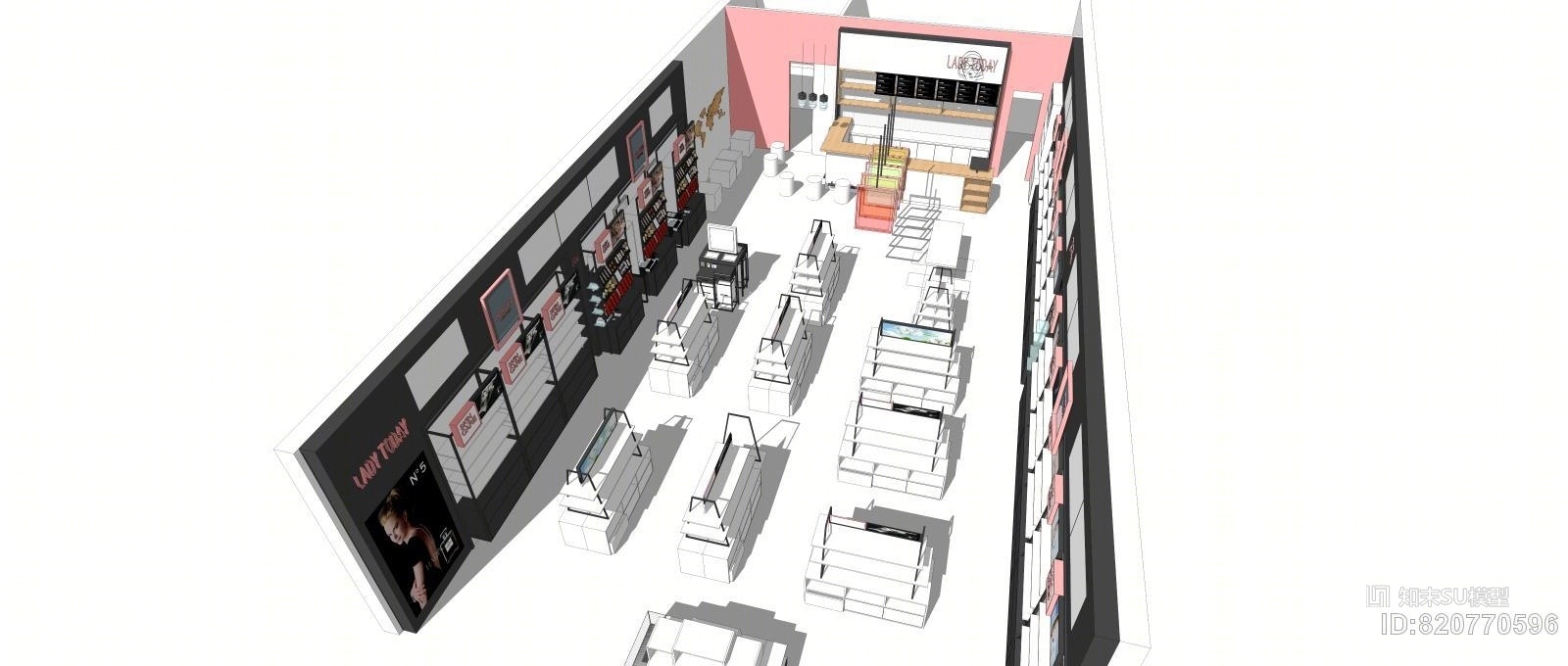 现代简约化妆品店铺设计，化妆品集合店设计，化妆品道具SU模型下载【ID:820770596】