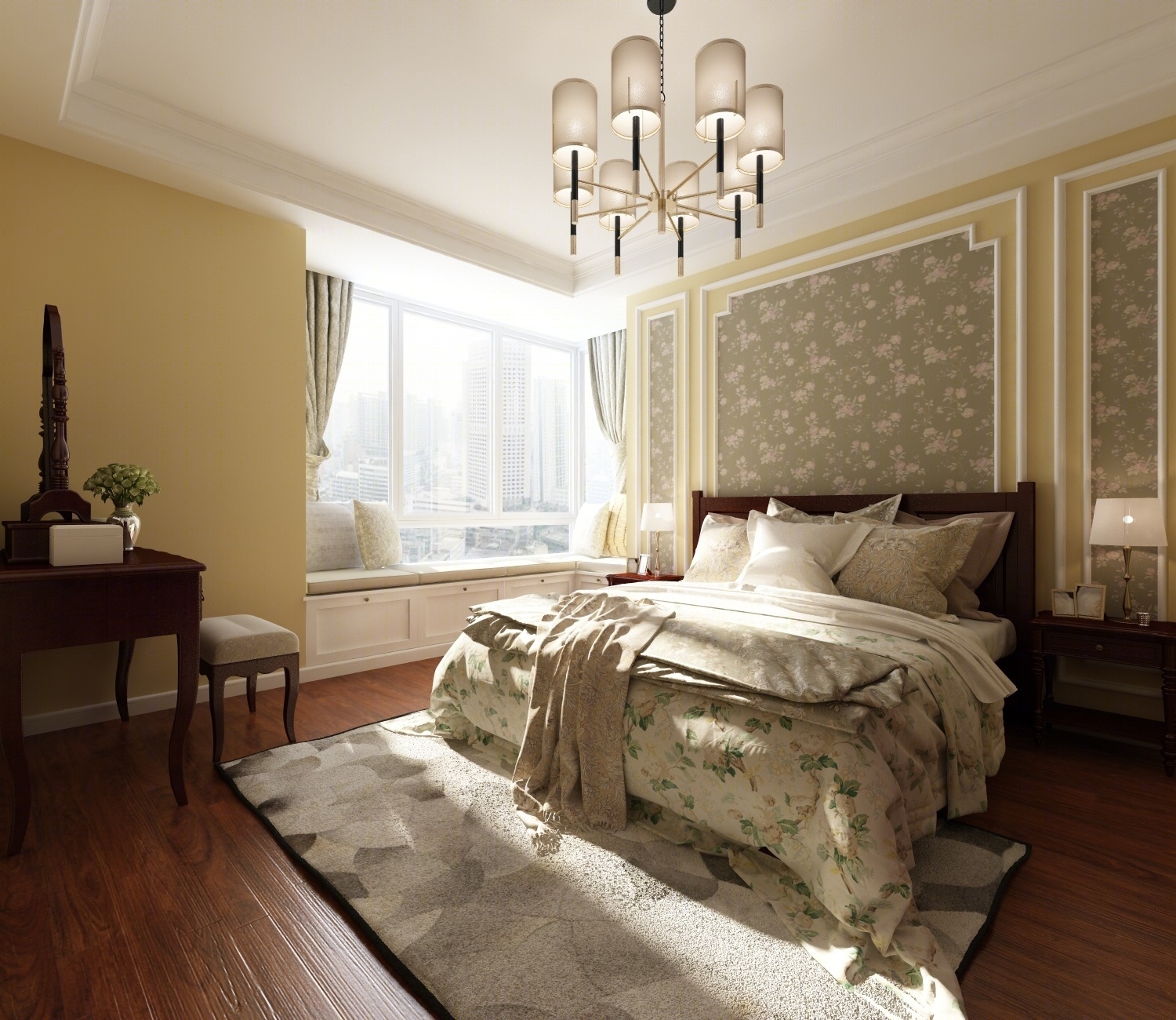 美式卧室带飘窗3D模型下载【ID:420773377】