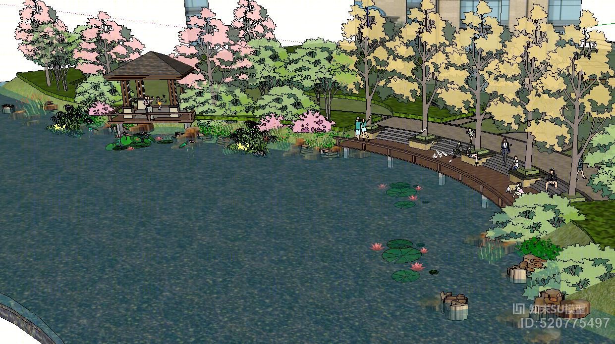 中式简约风格小区池塘亭子水景SU模型下载【ID:520775497】
