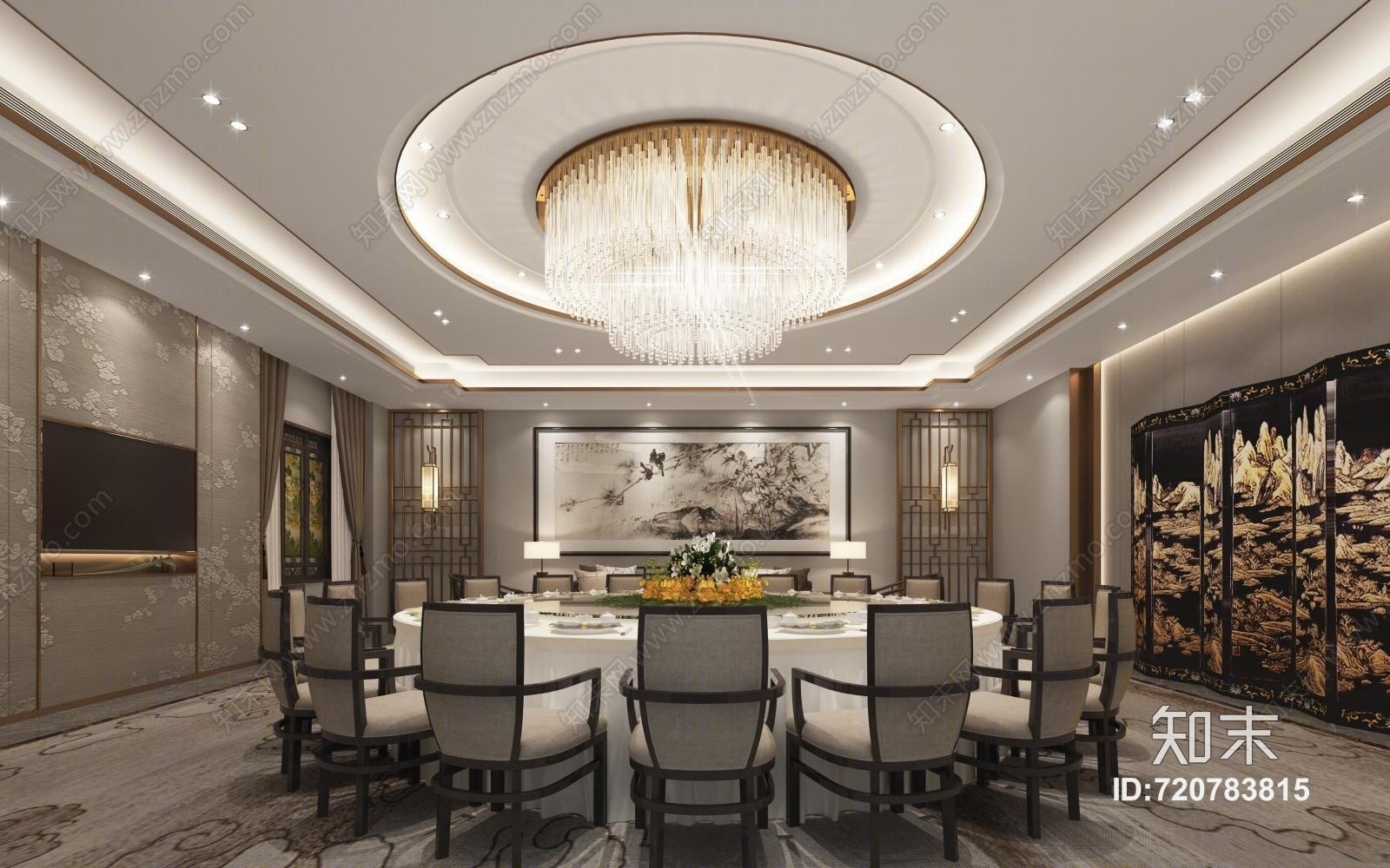 新中式酒店餐饮餐厅豪华套间3D模型下载【ID:720783815】