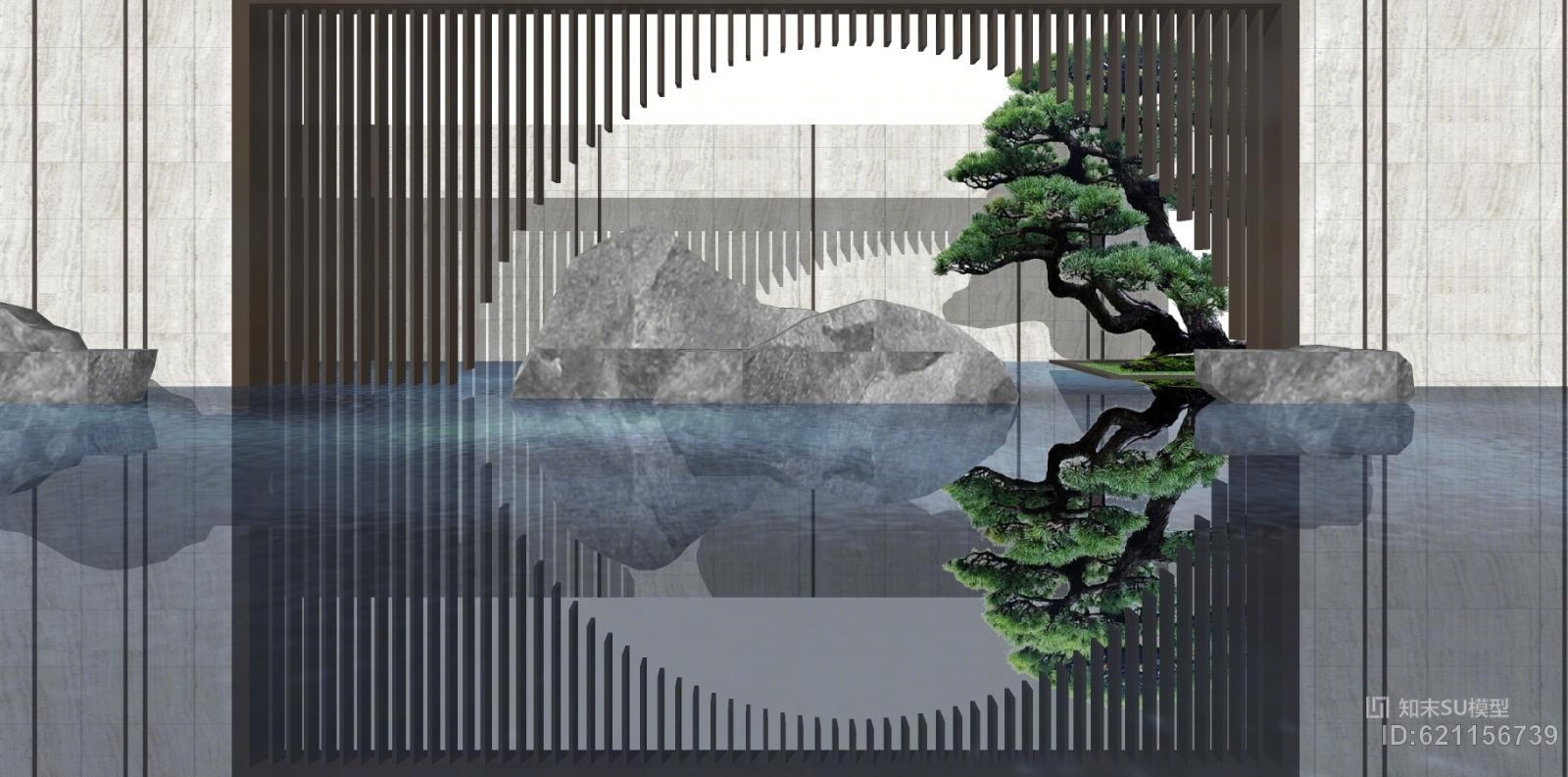 新中式景牆 水景 松樹 月亮門 山水景牆3d模型下載【id:621156739】