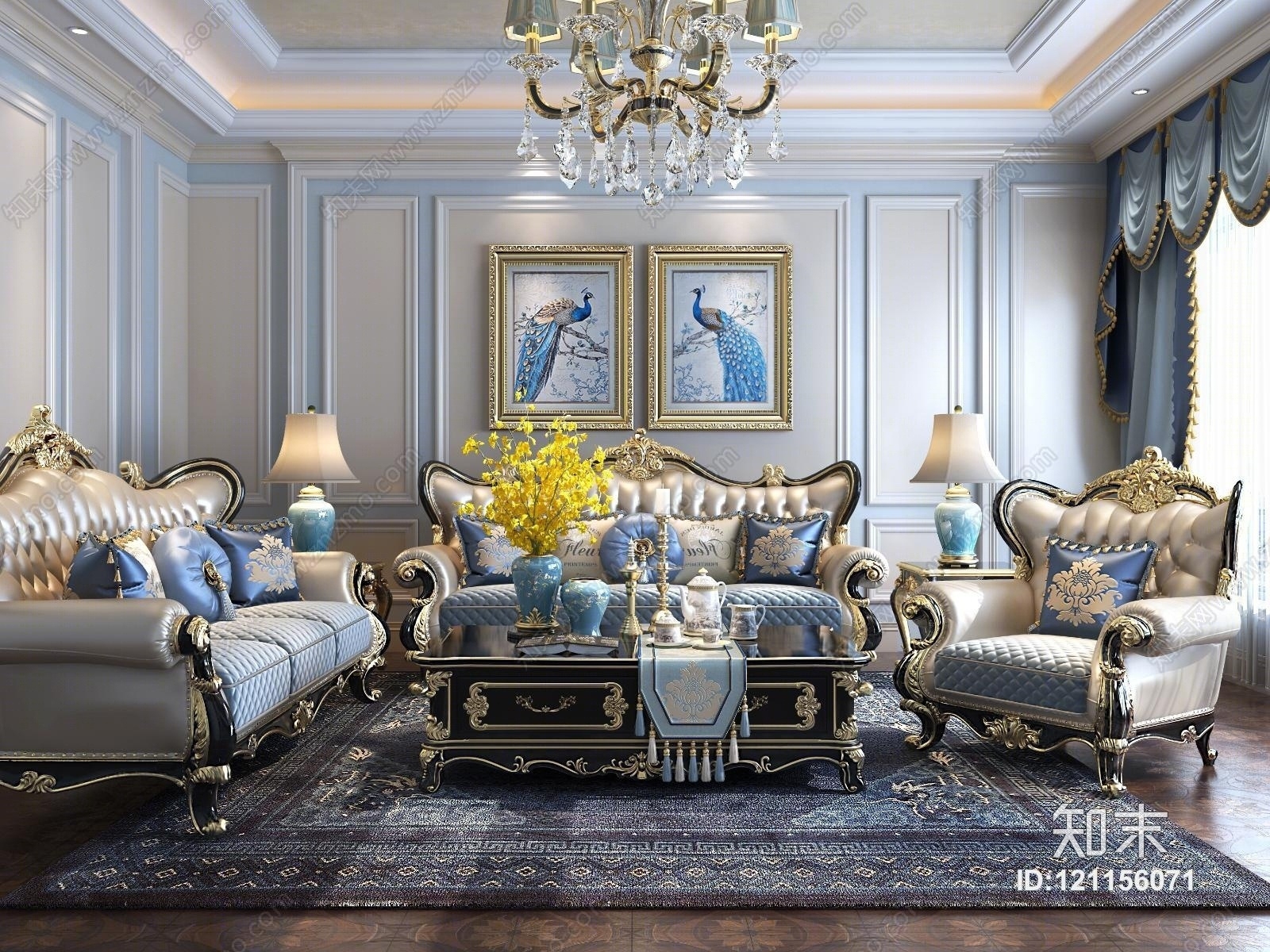 欧式古典客厅沙发3D模型下载【ID:121156071】