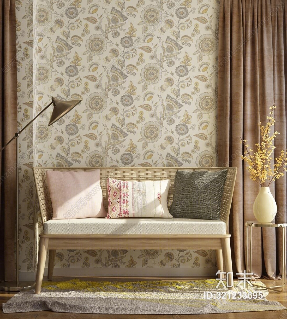 现代单椅落地灯装饰花瓶窗帘组合3D模型下载【ID:321233695】