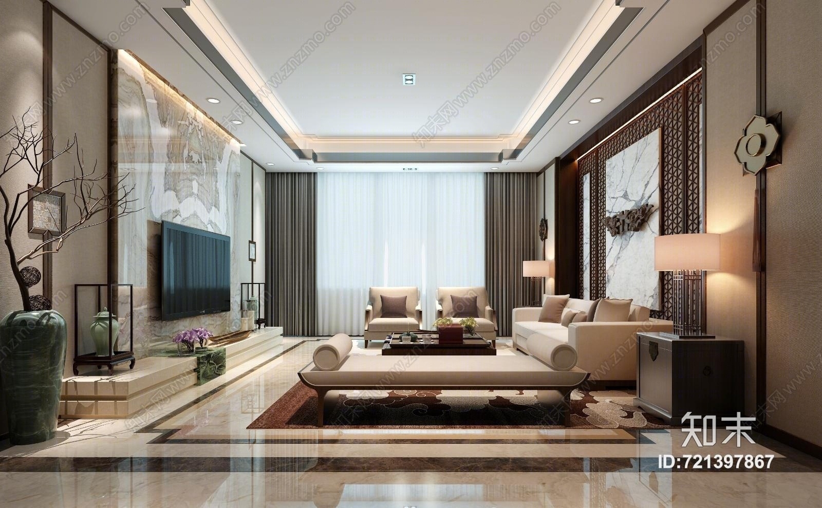 新中式客厅沙发茶几组合3D模型下载【ID:721397867】