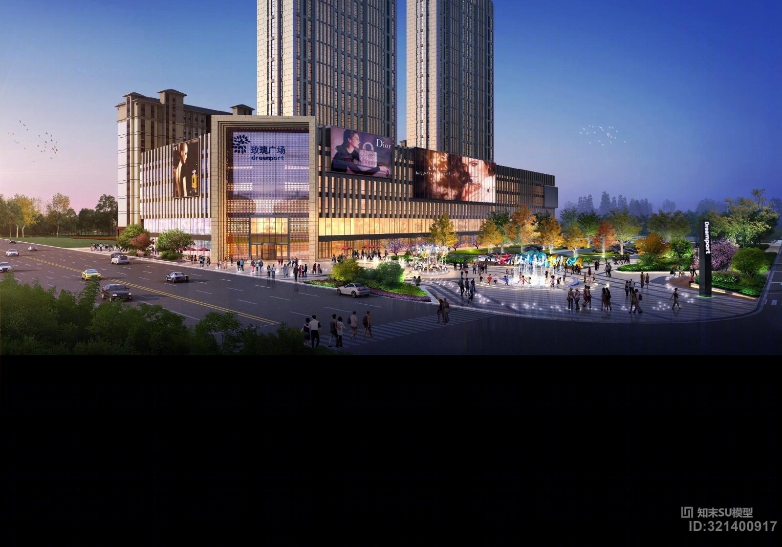 商业广场：迪拜水景模型+旋转木马+咖啡杯+小区内庭院SU模型下载【ID:321400917】