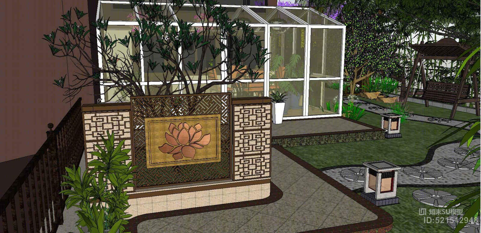 中式庭院设计背景墙水池花架植物造景阳光房su模型 Id 知末su模型网