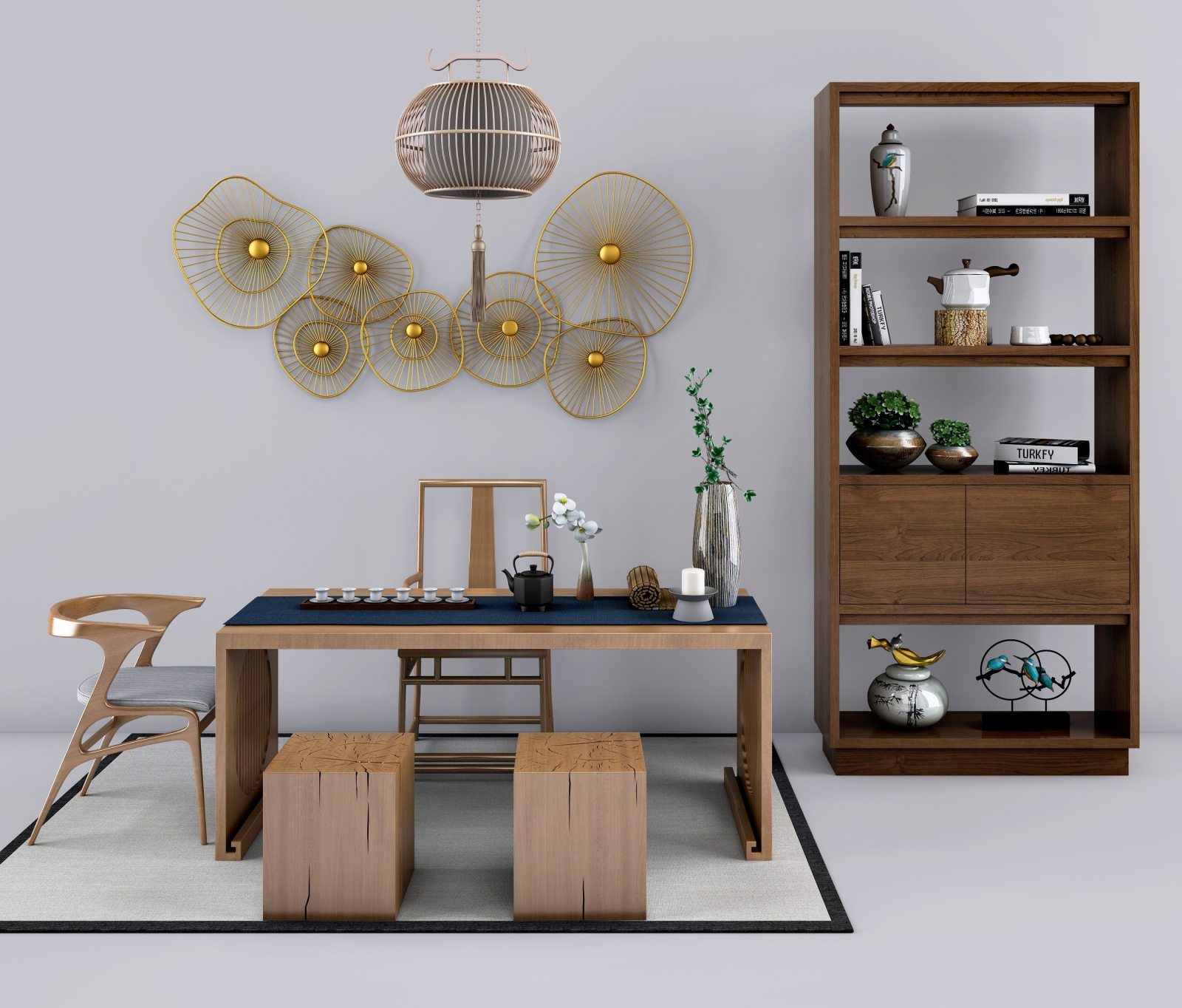 新中式书桌椅子装饰柜摆件组合3D模型下载【ID:121535558】