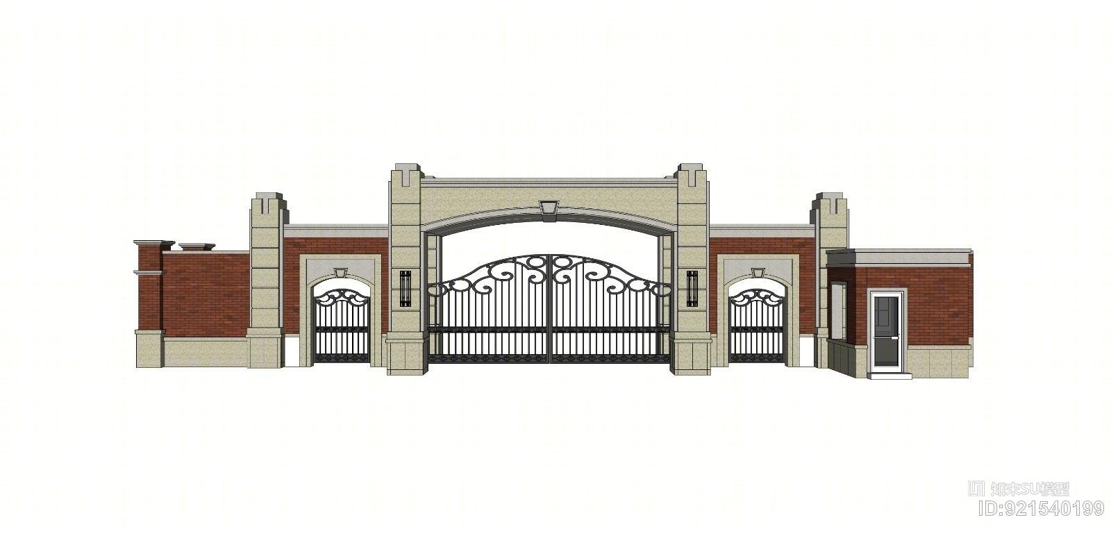 欧式+红砖大门+铁艺门+门卫SU模型下载【ID:921540199】
