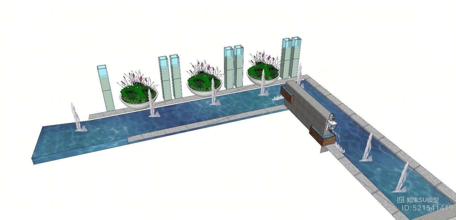 现代+特色景墙+水景+流水景墙+花钵SU模型下载【ID:521541419】