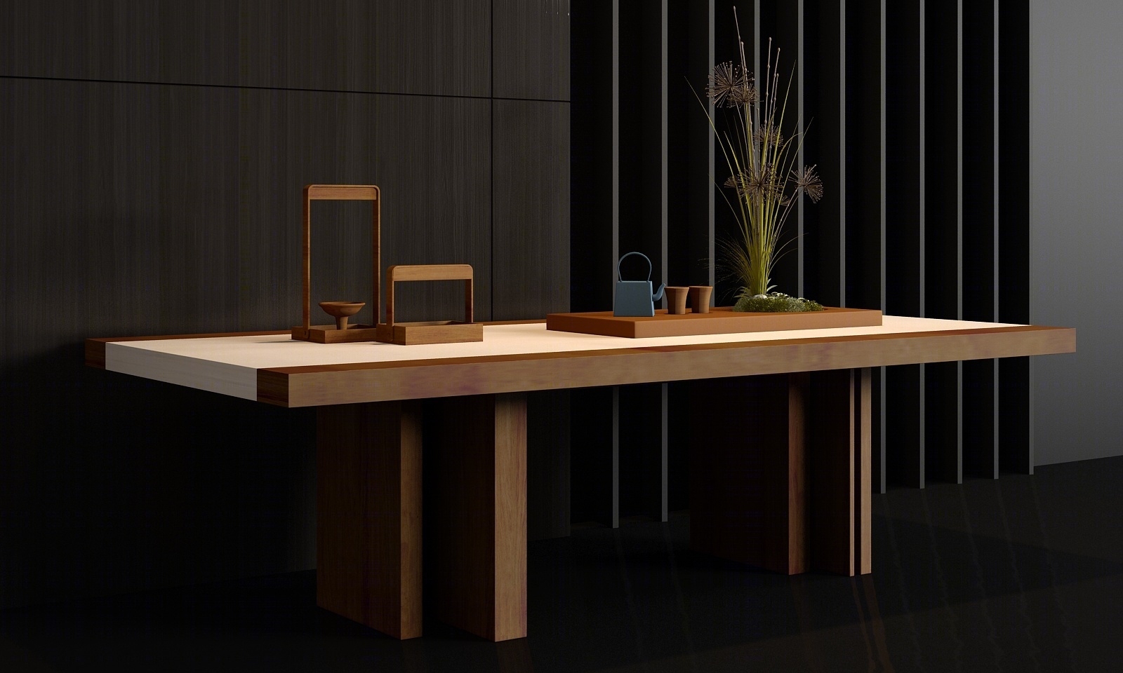 新中式实木茶桌茶具饰品组合3D模型下载【ID:921611895】