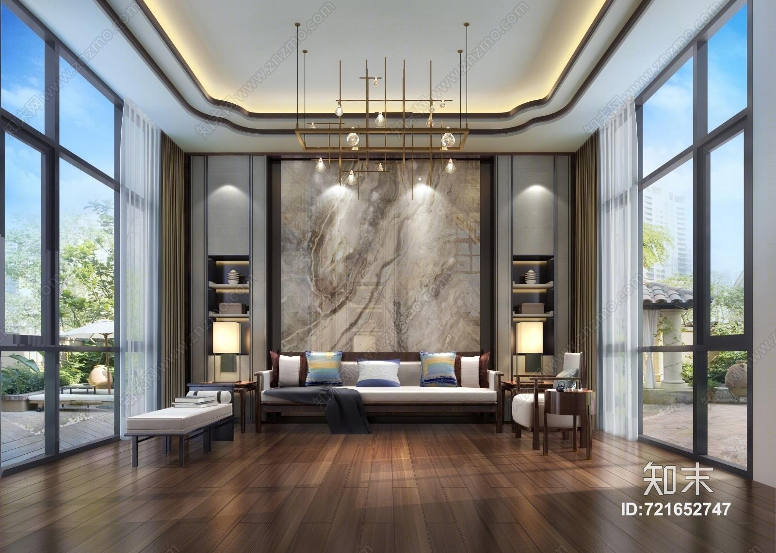 新中式沙发茶几吊灯窗帘3D模型下载【ID:721652747】