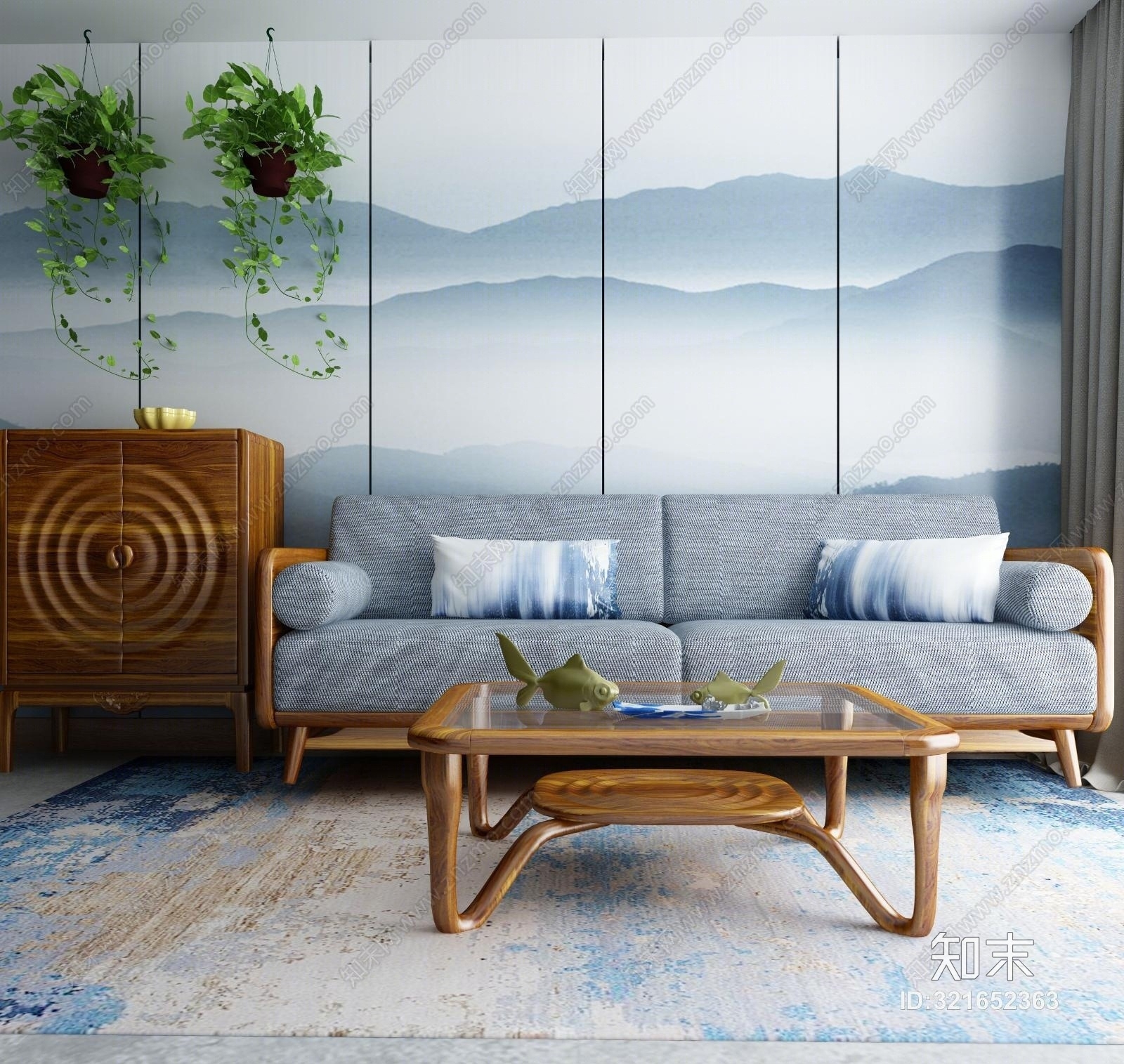 新中式实木家具组合3D模型下载【ID:321652363】