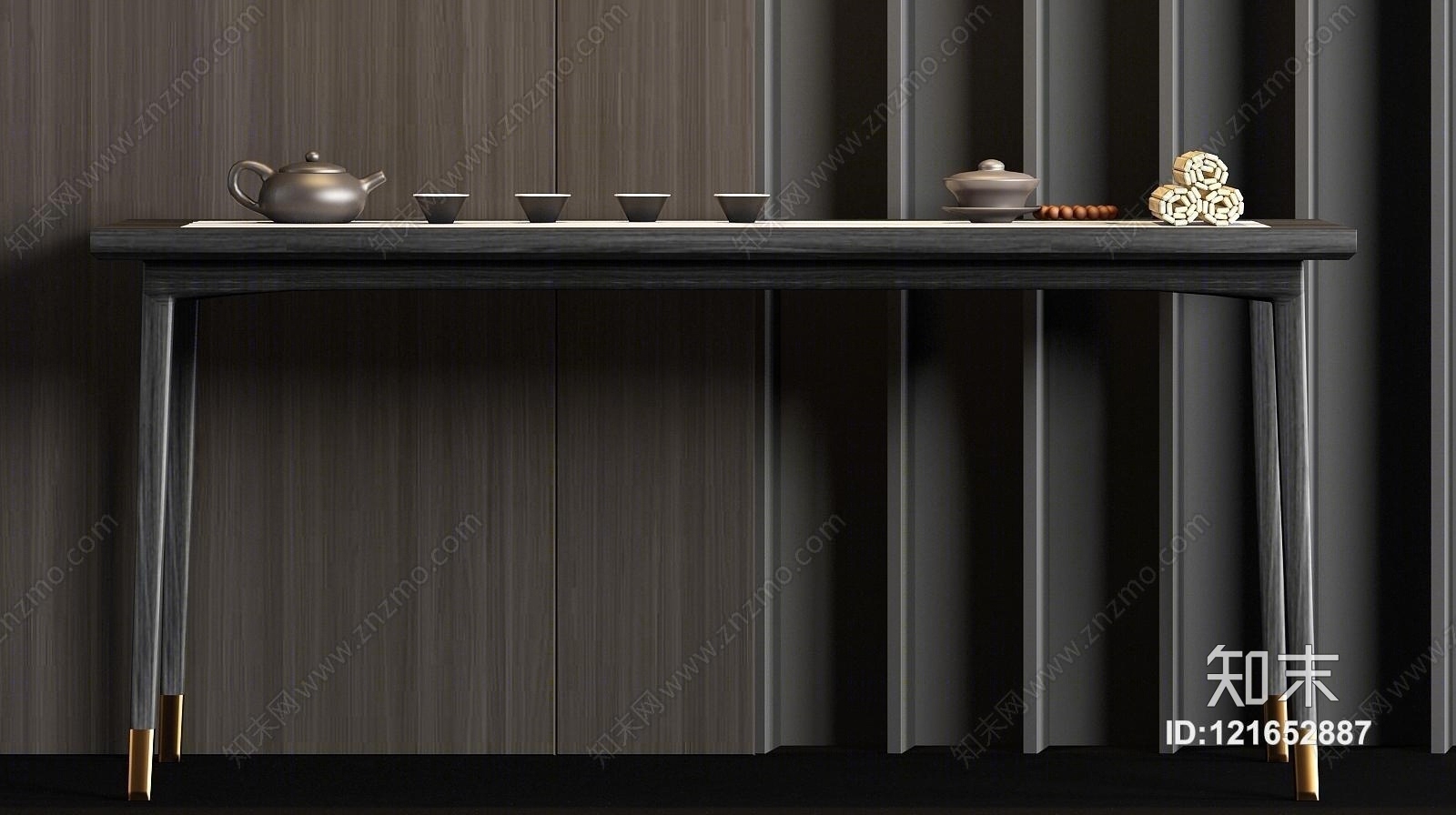 新中式实木茶桌茶具饰品组合3D模型下载【ID:121652887】