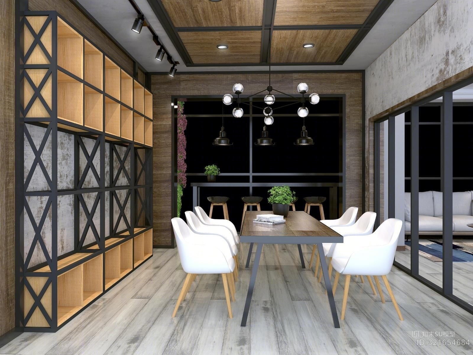 工业风接待室展厅带灯光材质贴图！SU模型下载【ID:321654684】