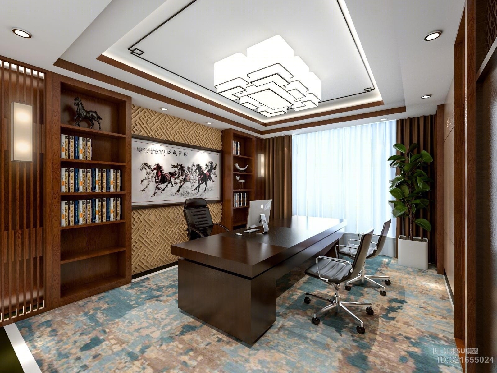 新中式总裁办公室带灯光材质贴图！SU模型下载【ID:321655024】