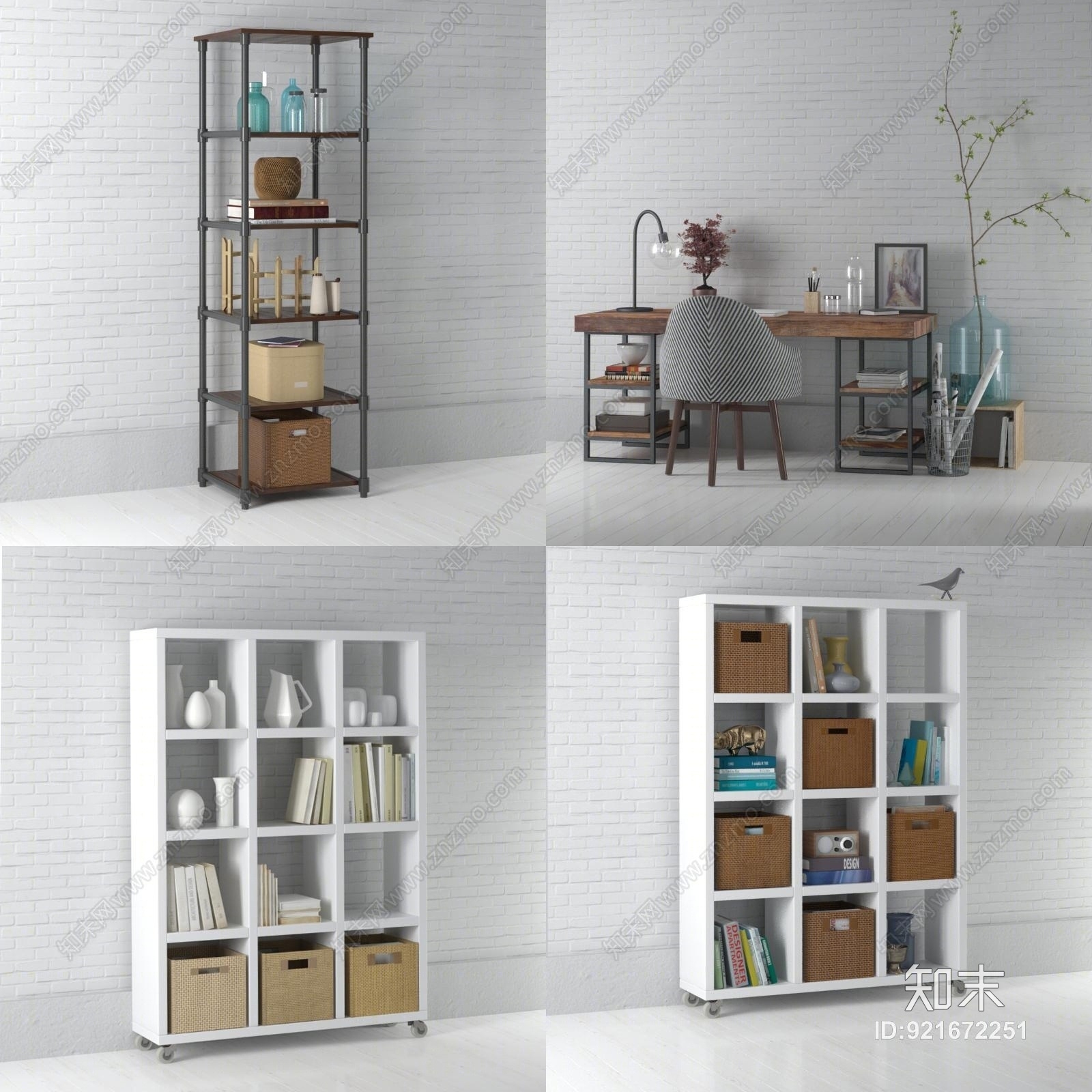 工业风书架书桌装饰柜组合3D模型下载【ID:921672251】