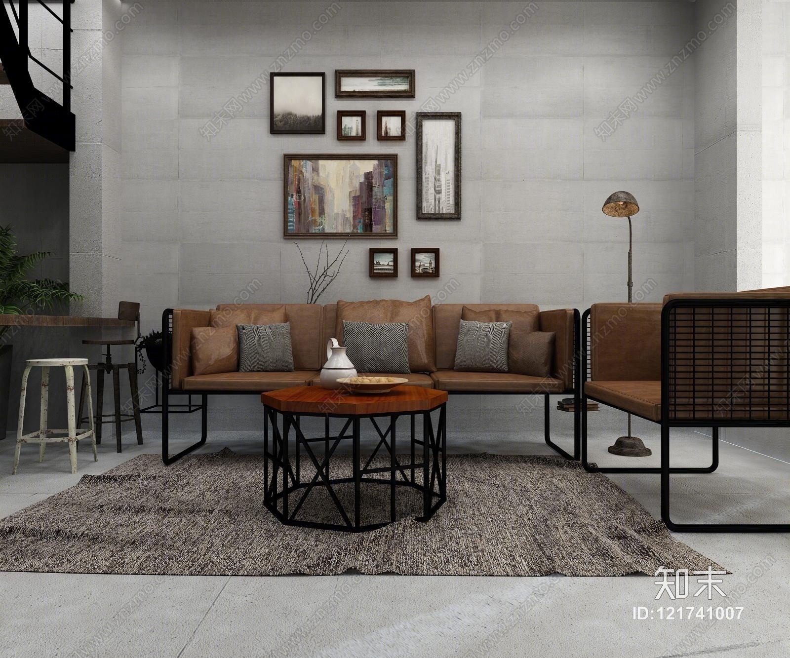 工业风皮革沙发和茶几3D模型下载【ID:121741007】
