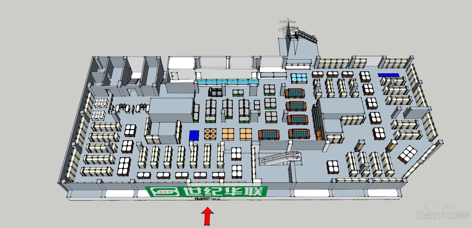 大型超市商超货架布局su模型下载【id:821742388】