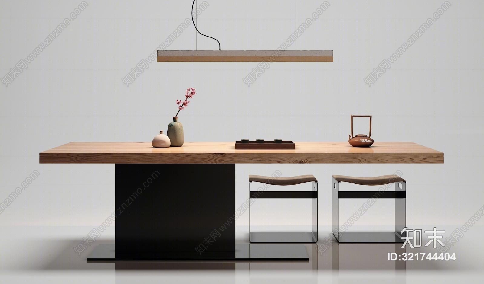 新中式茶桌椅子吊灯摆件组合3D模型下载【ID:321744404】