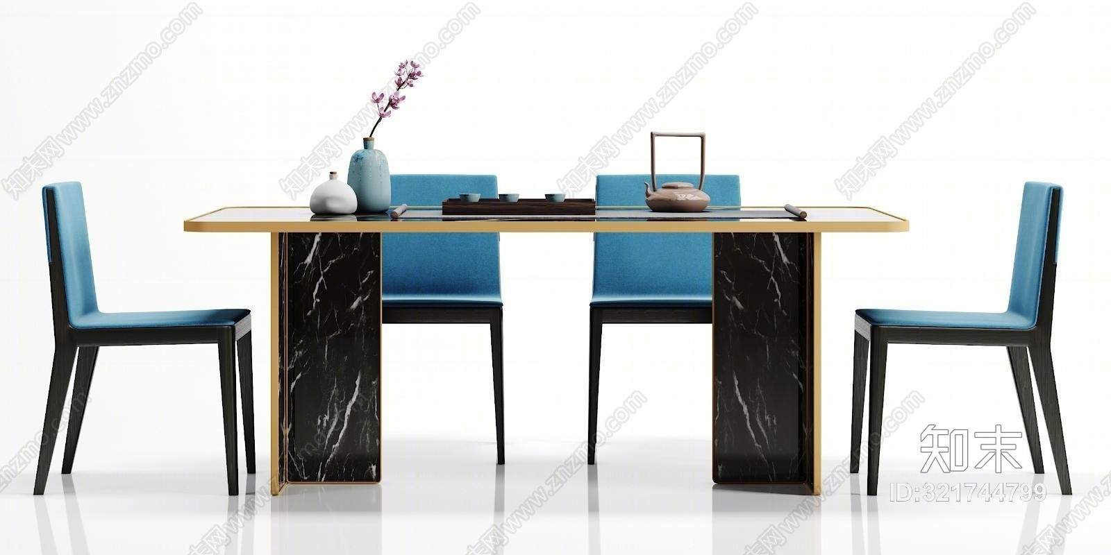 新中式餐桌椅子摆件组合3D模型下载【ID:321744799】