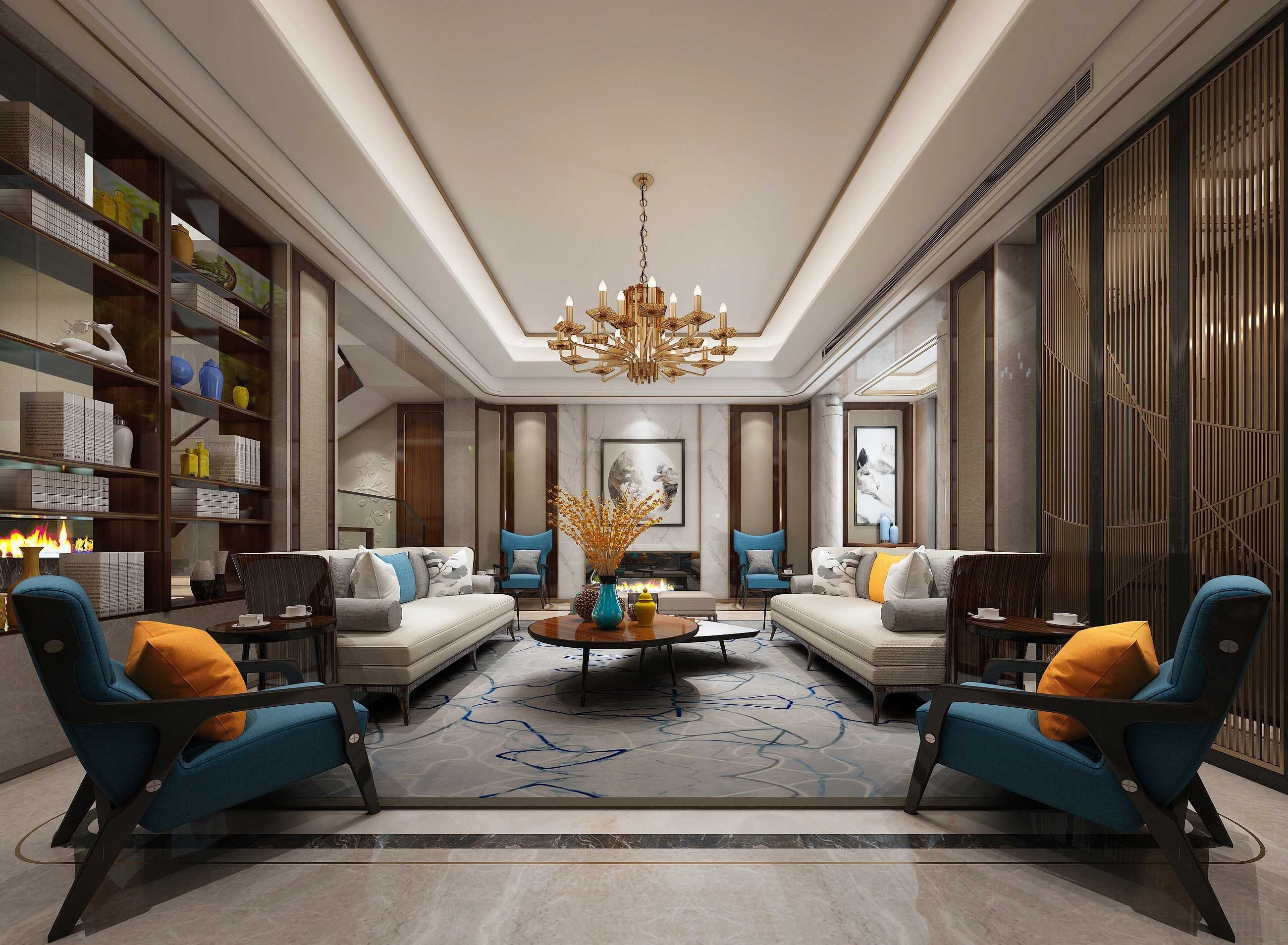 新中式客厅 沙发组合 吊灯 茶几 电视柜