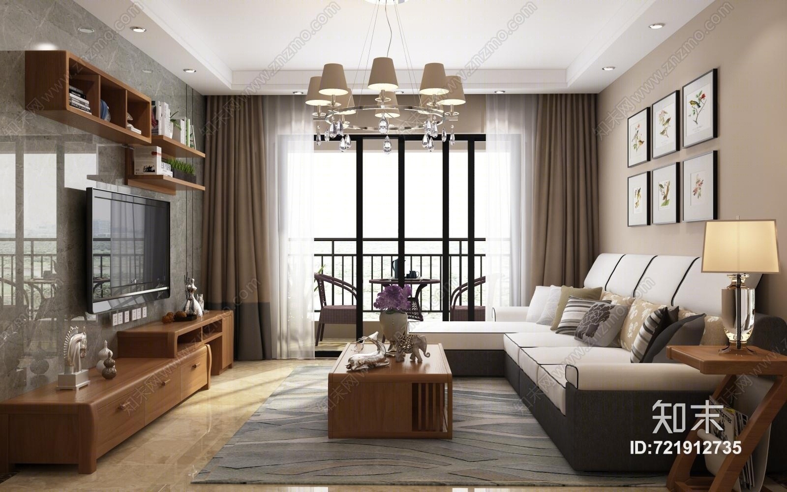 新中式客餐厅卧室3D模型下载【ID:721912735】