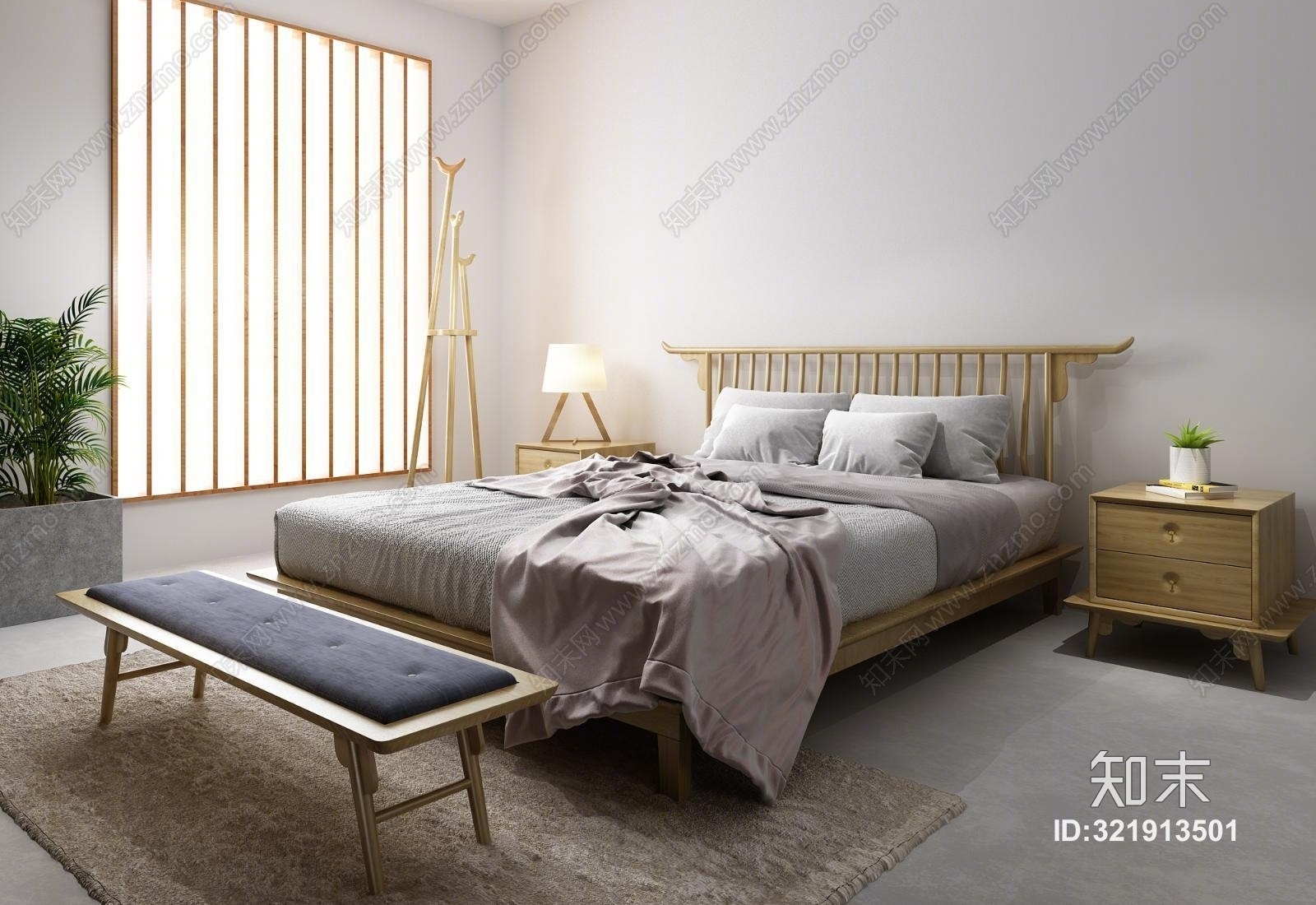 新中式实木双人床床头柜脚榻组合3D模型下载【ID:321913501】