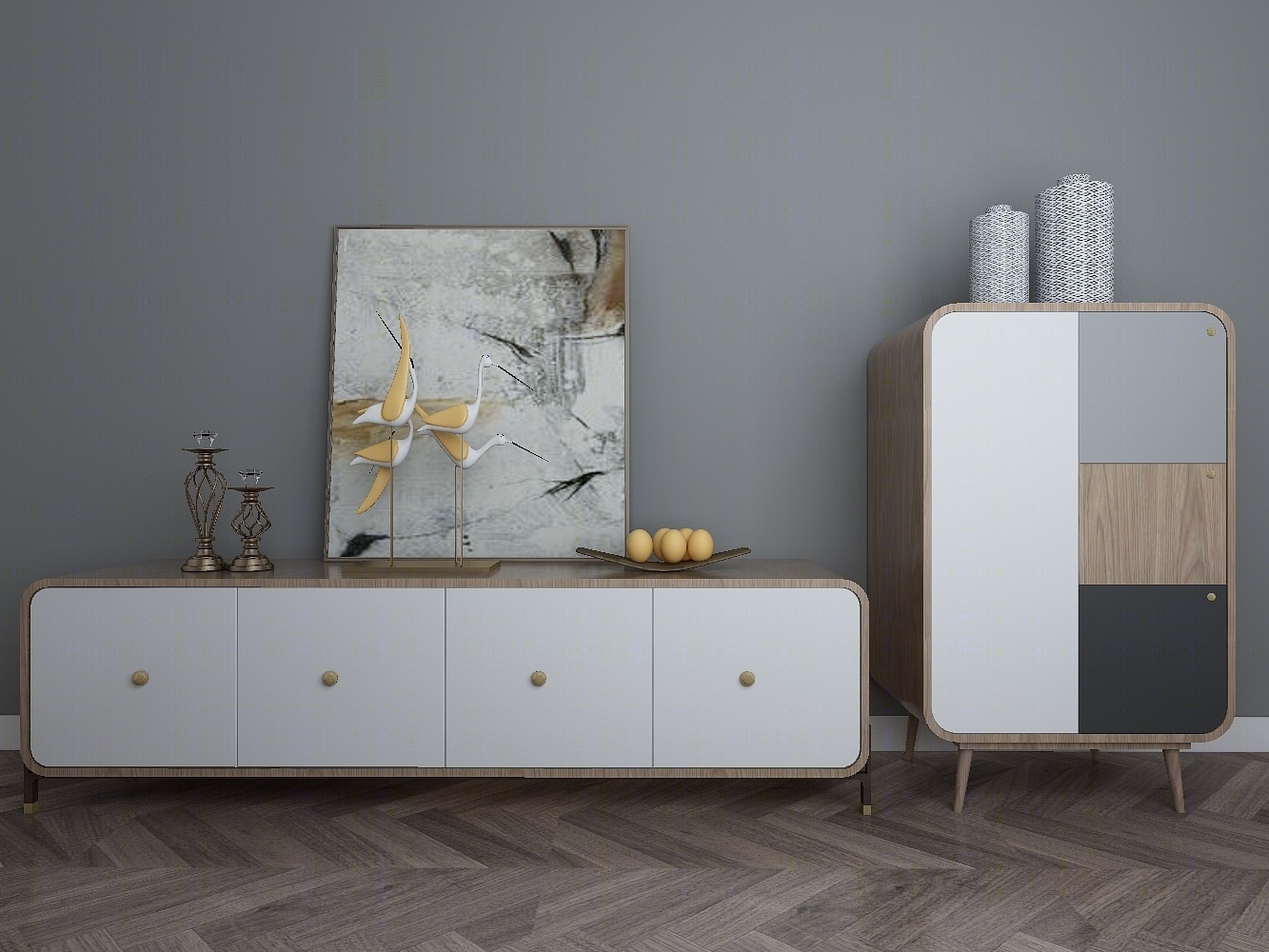 北欧边柜电视柜陈设品组合模型