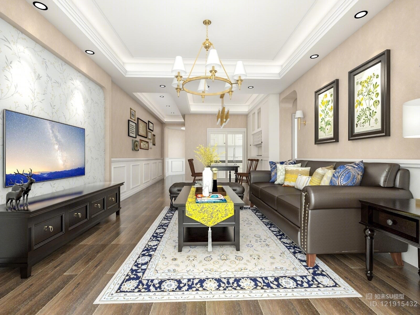 美式简美风格沙发茶几吊灯带灯光材质贴图！SU模型下载【ID:121915432】