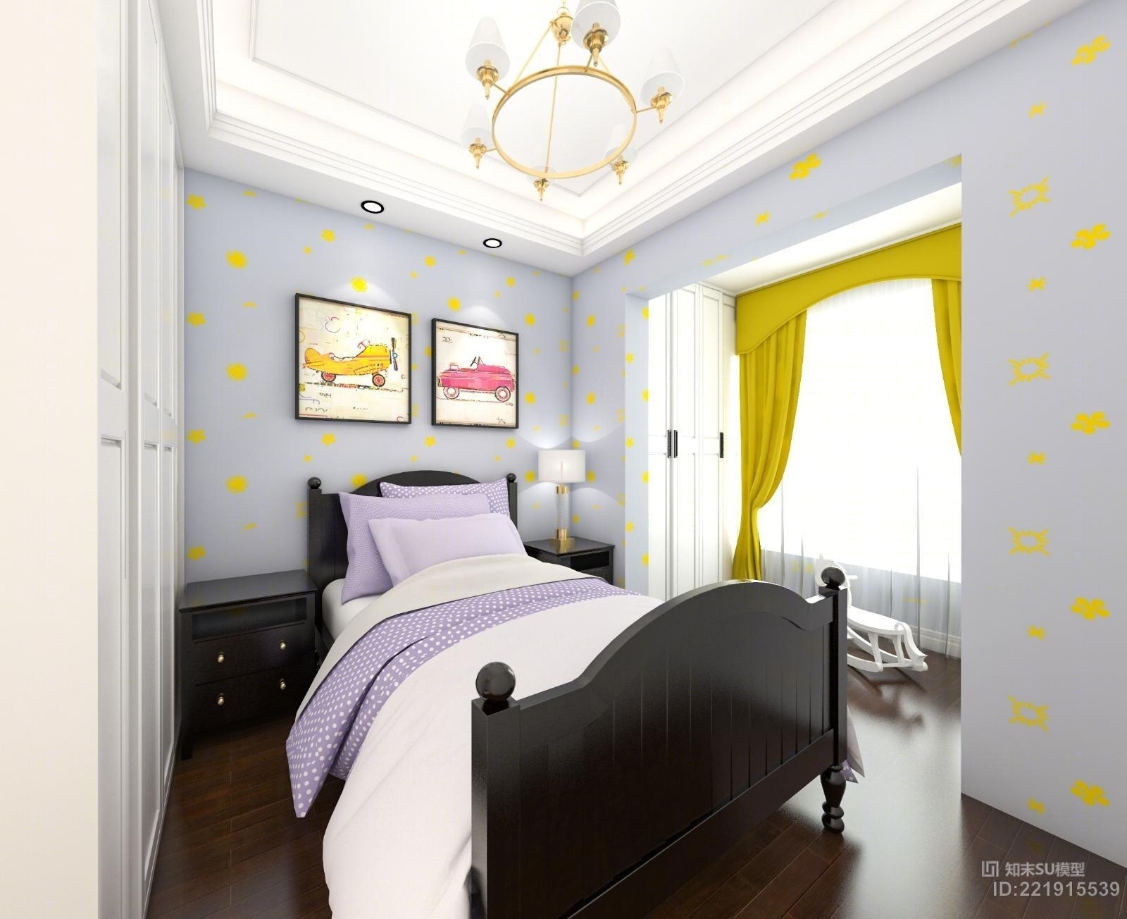 美式简美儿童房带灯光材质贴图！SU模型下载【ID:221915539】