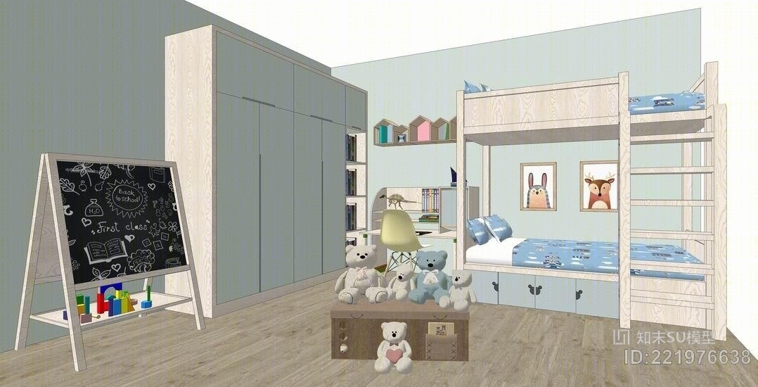 儿童组合家具-儿童床-上下铺床-儿童高低床SU模型下载【ID:221976638】