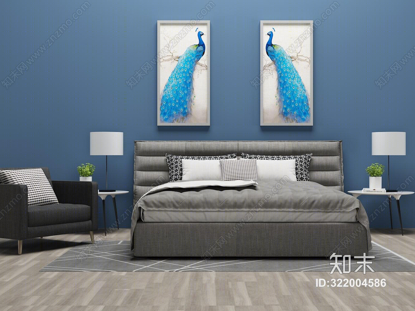 现代双人床3D模型下载【ID:322004586】