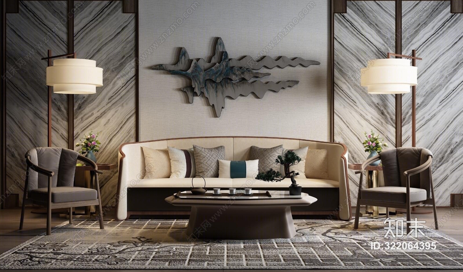 新中式多人单人沙发茶几茶具角几落地灯饰品组合3D模型下载【ID:322064395】